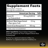 Supplement facts for Summer Days: 90 capsules per container. Contains Vitamin D3 (5000 IU), BioPerine® (2.5 mg), and Vitamin K2 (100 mcg).