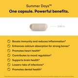 Summer Days capsule shown. Benefits: Boosts immunity, enhances calcium absorption, promotes heart and brain health, mood regulation, lowers infection risks, and supports dental health.