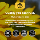  You Vites promotional slide with sunflower background, showcasing product benefits: Gluten-Free, Dairy-Free, Soy-Free, GMO-Free, No Nuts, No Artificial Additives.